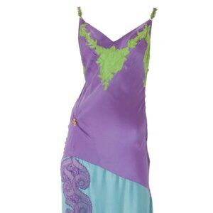 Gianni Versace Purple and Blue Satin Gown with Lace Appliqué from 1996